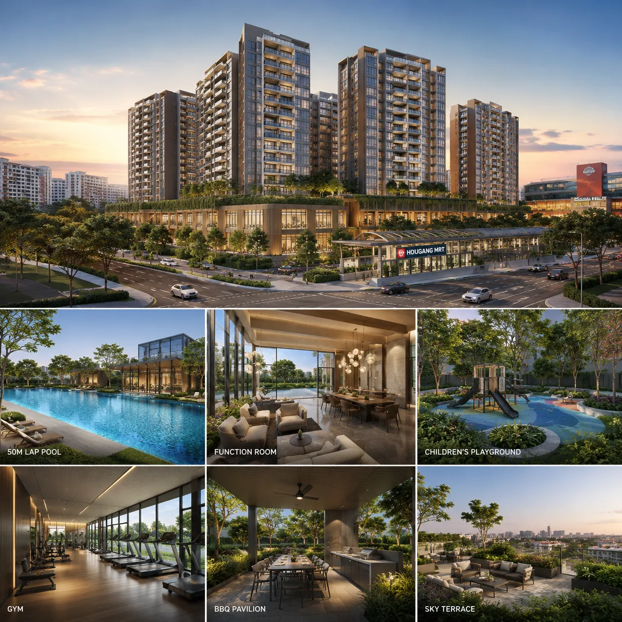 Hougang Central Condo facilities — lap pool, function room, playground, gym, BBQ pavilion and sky terrace